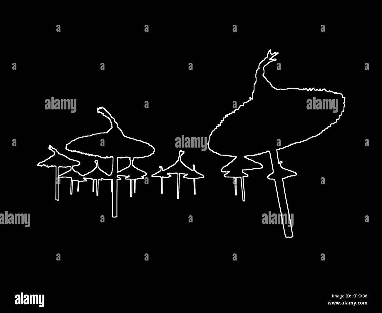 Silhouettes de parasols en perspective sur fond abstrait jaune d'illustration. Banque D'Images