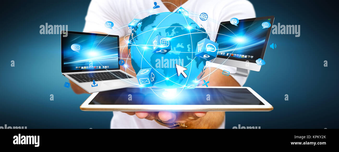 Connexion d'appareils de haute technologie d'affaires Banque D'Images