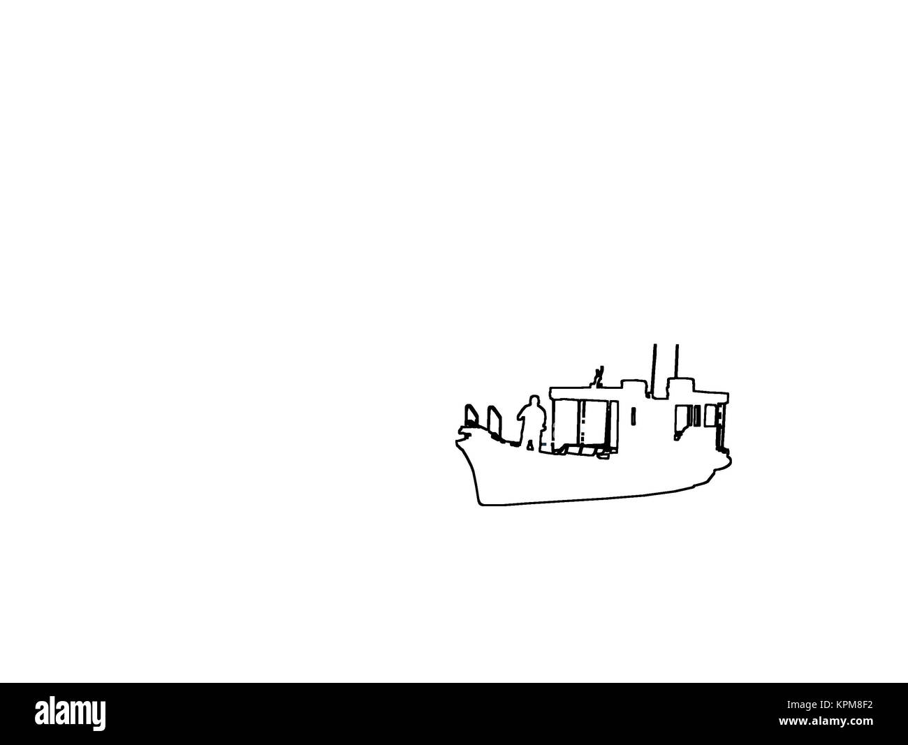 Silhouettes de petit bateau et le capitaine sur fond abstrait jaune d'illustration. Banque D'Images