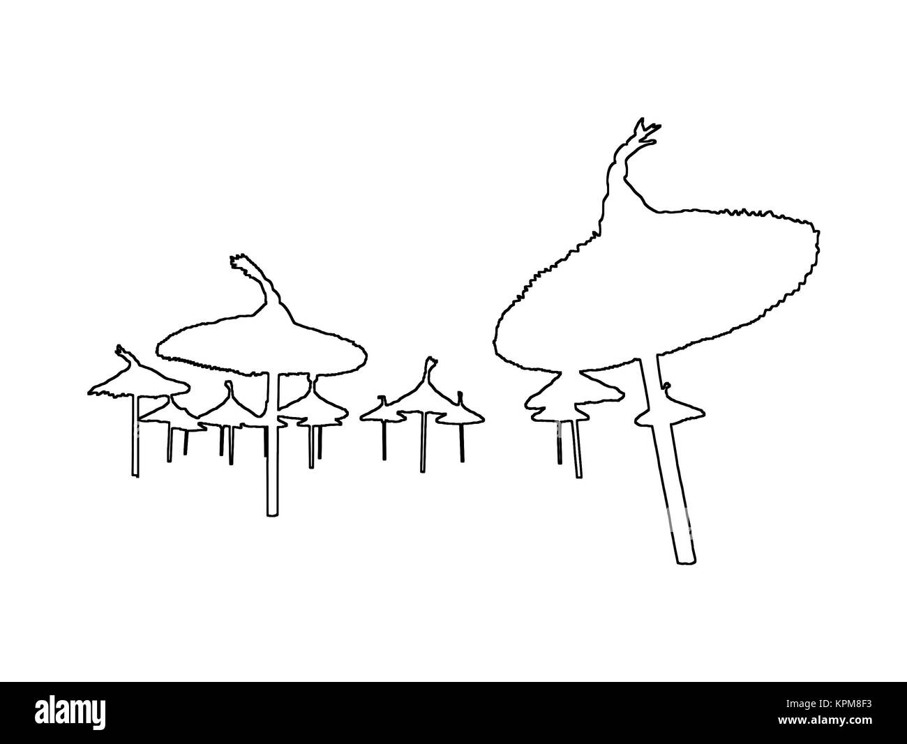 Silhouettes de parasols en perspective sur fond abstrait jaune d'illustration. Banque D'Images