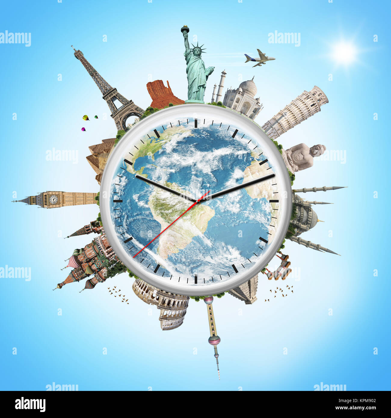 Illustration d'une horloge avec de célèbres monuments Banque D'Images