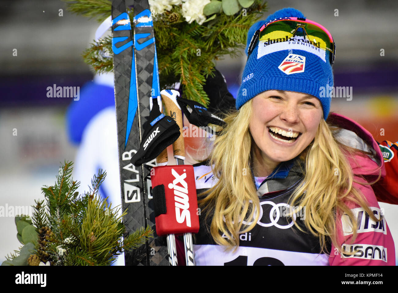 L'équipe de ski nous Jessie Diggins, 2017 après avoir terminé deuxième du Championnat du Monde de Ski Nordique FIS sprint race, aux Championnats du Monde de Ski Nordique, Lahti, Finlan Banque D'Images