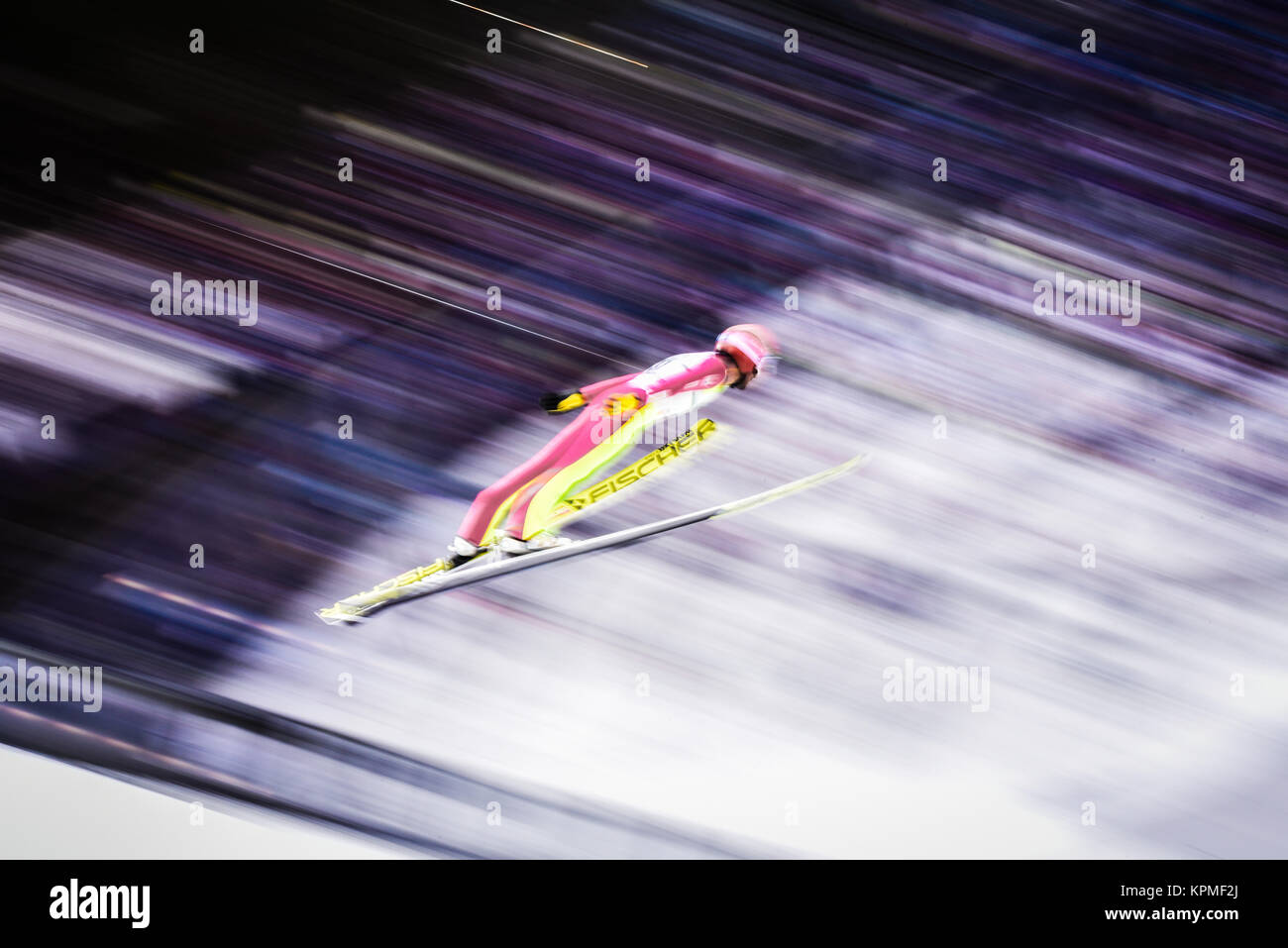 Ski combiné nordique volant par l'air au cours de la pratique à la FIS World 2017 championnats de ski nordique, Lahti, Finlande. Banque D'Images