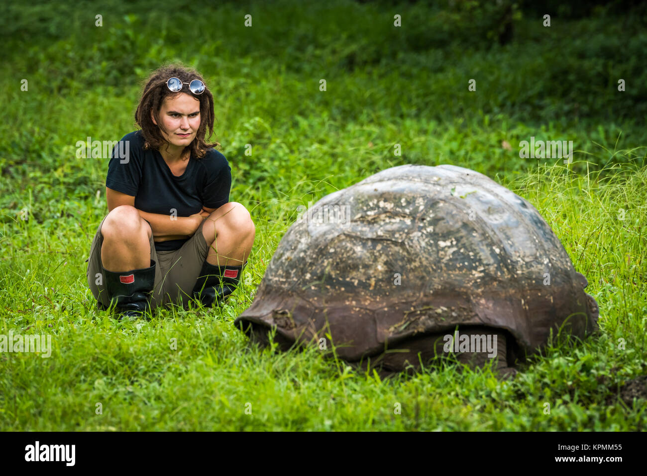 Femme regardant intensément tortue géante des Galapagos Banque D'Images