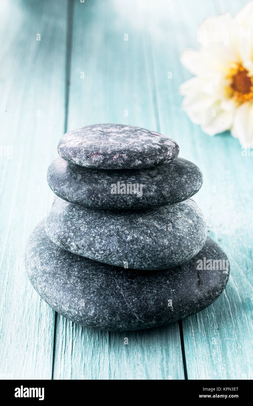 Pierres rondes lisses empilés pour une chaude rock spa massage sur une planche en bois bleu fond avec copie espace et une nouvelle fleur blanche dans un concept de bien-être Banque D'Images