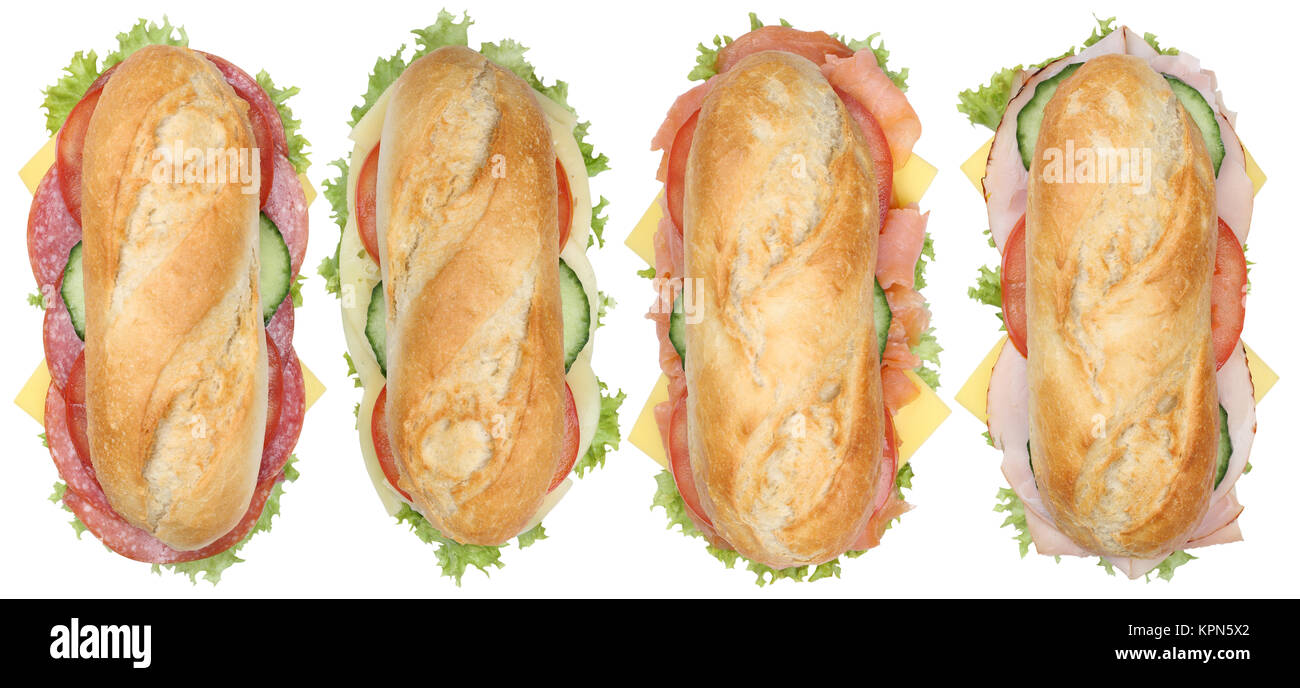 Collage des sandwiches baguettes avec du salami, jambon et fromage coupe supervision Banque D'Images