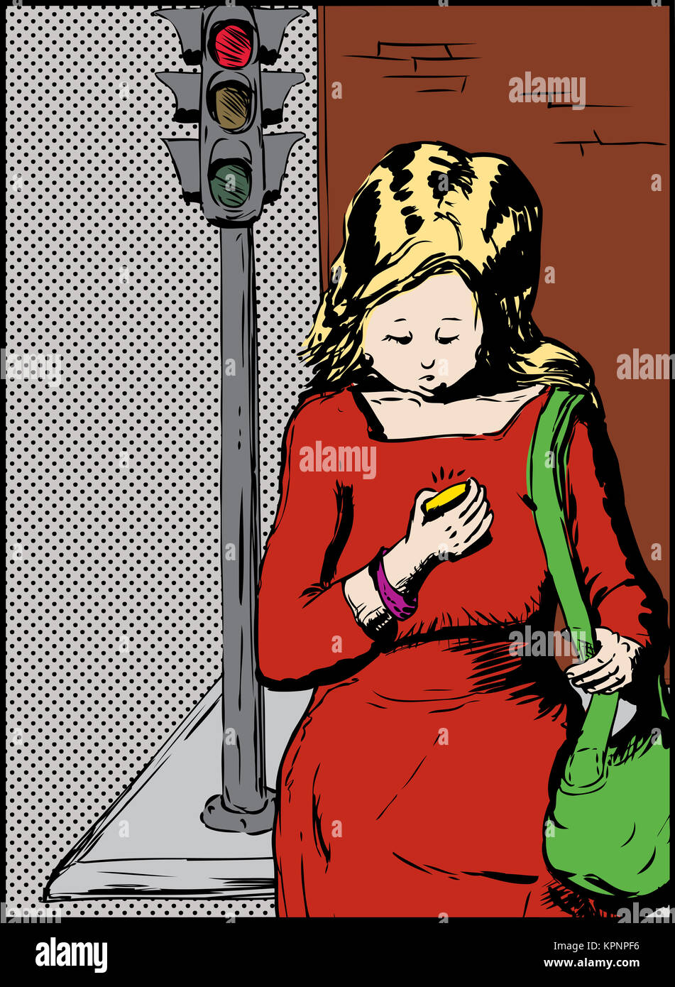 Seule femme traversant la rue lors de l'utilisation de Phone Banque D'Images