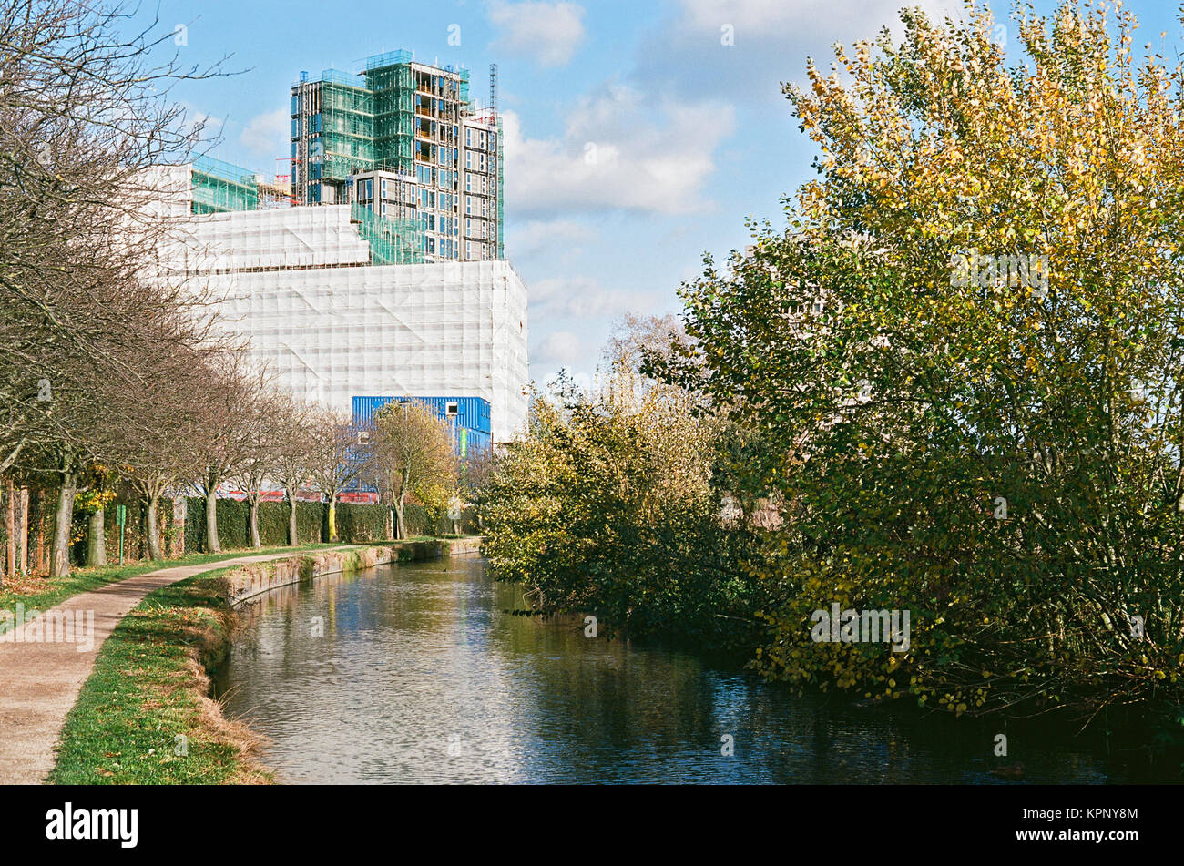 Nouveaux appartements en construction et le nouveau chemin de la rivière, sur le bord de Woodberry Zones Humides, au nord de Londres, UK Banque D'Images