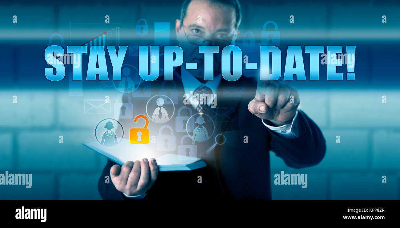En appuyant sur l'utilisateur final RESTEZ À JOUR ! Banque D'Images