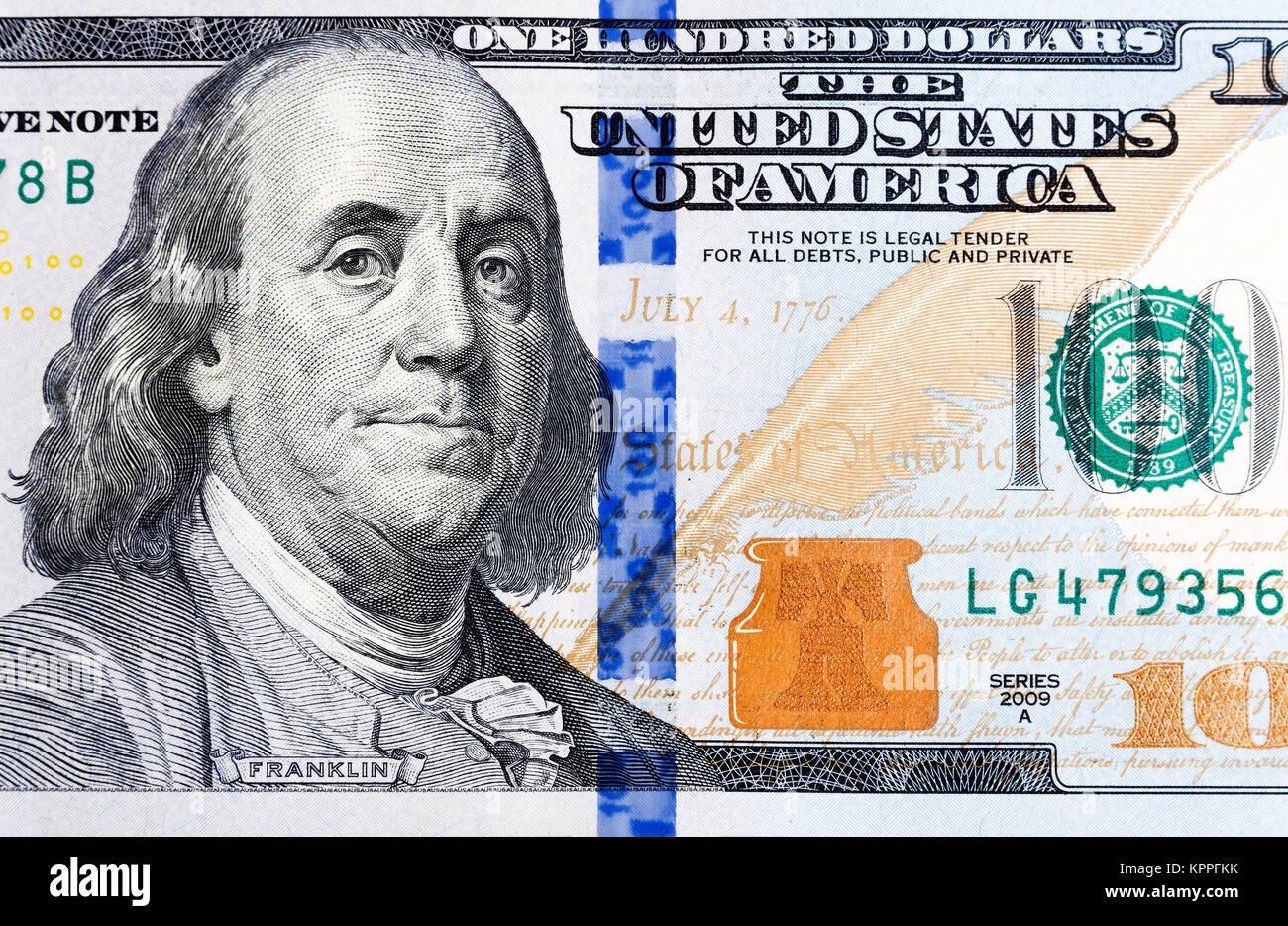 Plan Macro sur un tout nouveau one hundred dollar bill montrant la fa Banque D'Images