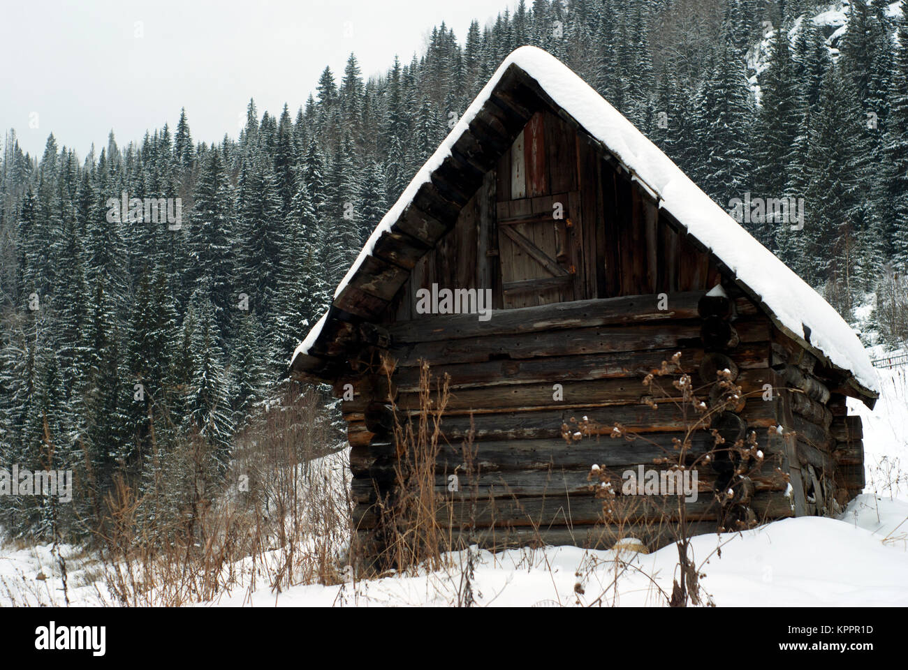 Ancien journal cabane de chasse au pied d'une montagne couverte de forêt d'hiver Banque D'Images
