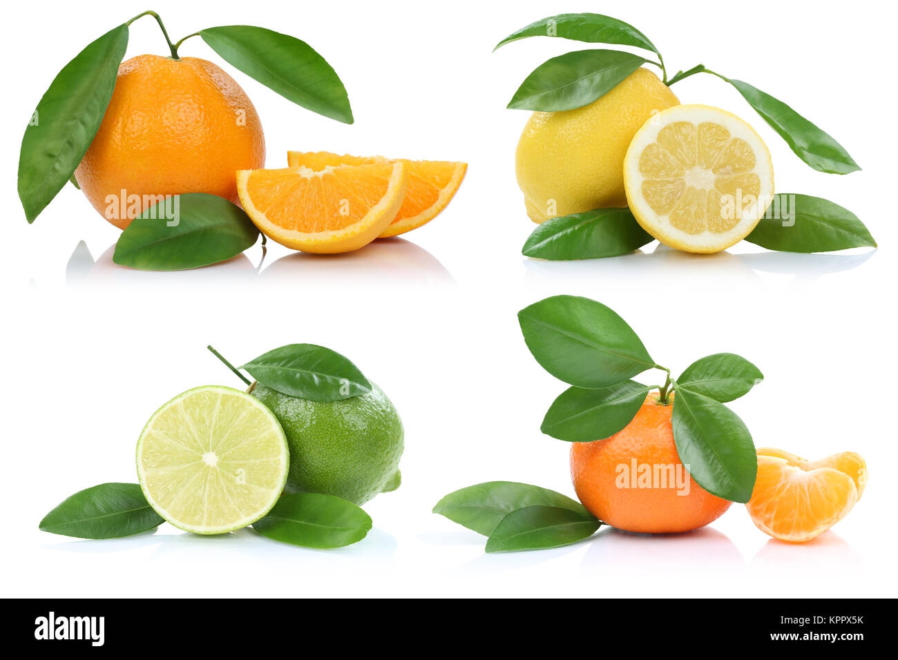 Collage Orangen Zitrone Mandarine Früchte Freisteller freigestellt isoliert vor einem weissen Hintergrund Banque D'Images