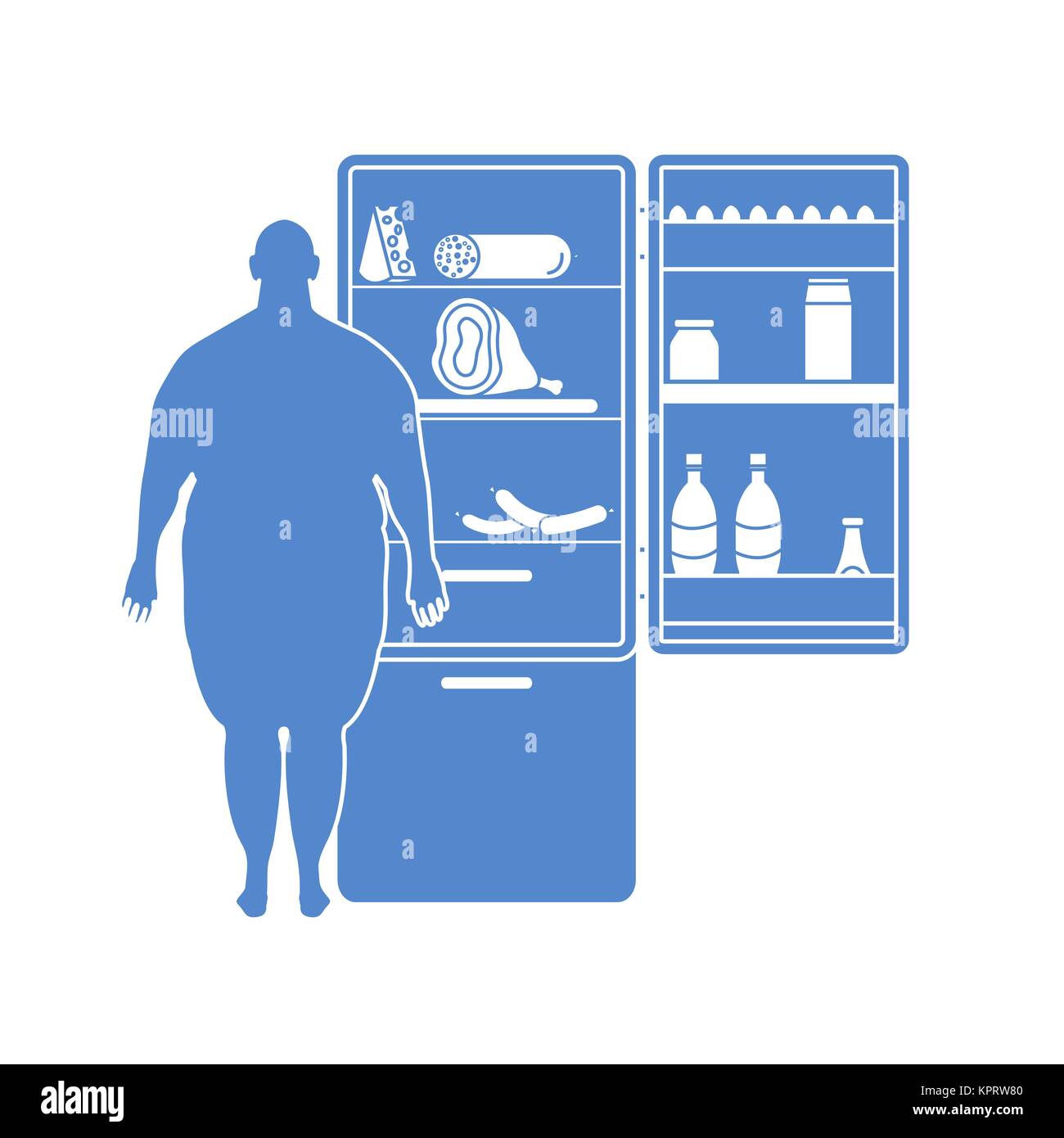 Fat Man est à l'un réfrigérateur plein de nourriture. Les habitudes alimentaires néfastes. Bannière pour la conception et l'impression. Illustration de Vecteur