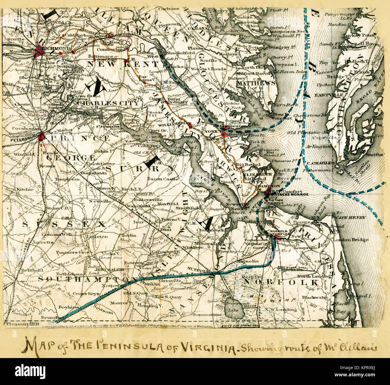 Carte de la péninsule de Virginie, l'Armée de McClellan Banque D'Images