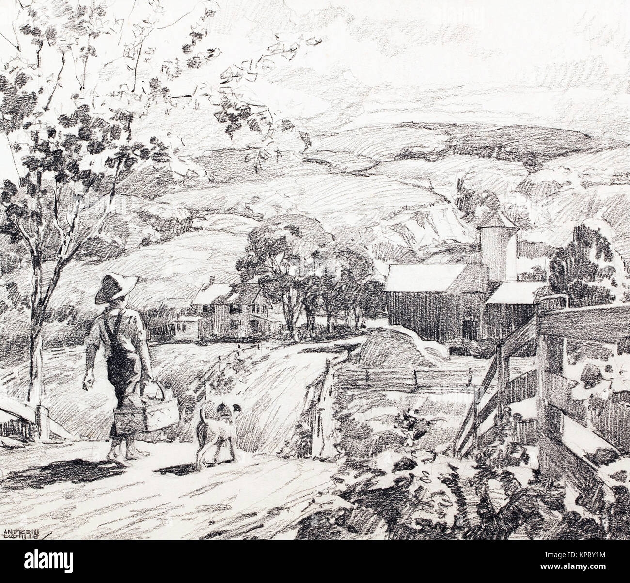 Garçon et promener le chien sur une colline du pays Banque D'Images