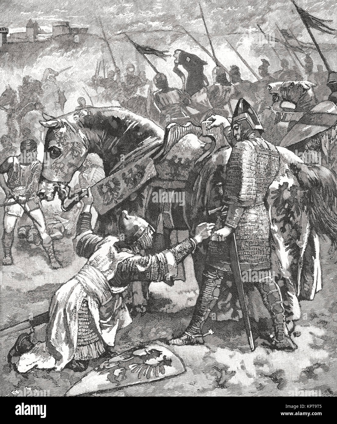 Robert Curthose, fils de Guillaume le Conquérant pour lui demander pardon pour son déjantage et blessant son père dans une bataille de 1079 Banque D'Images