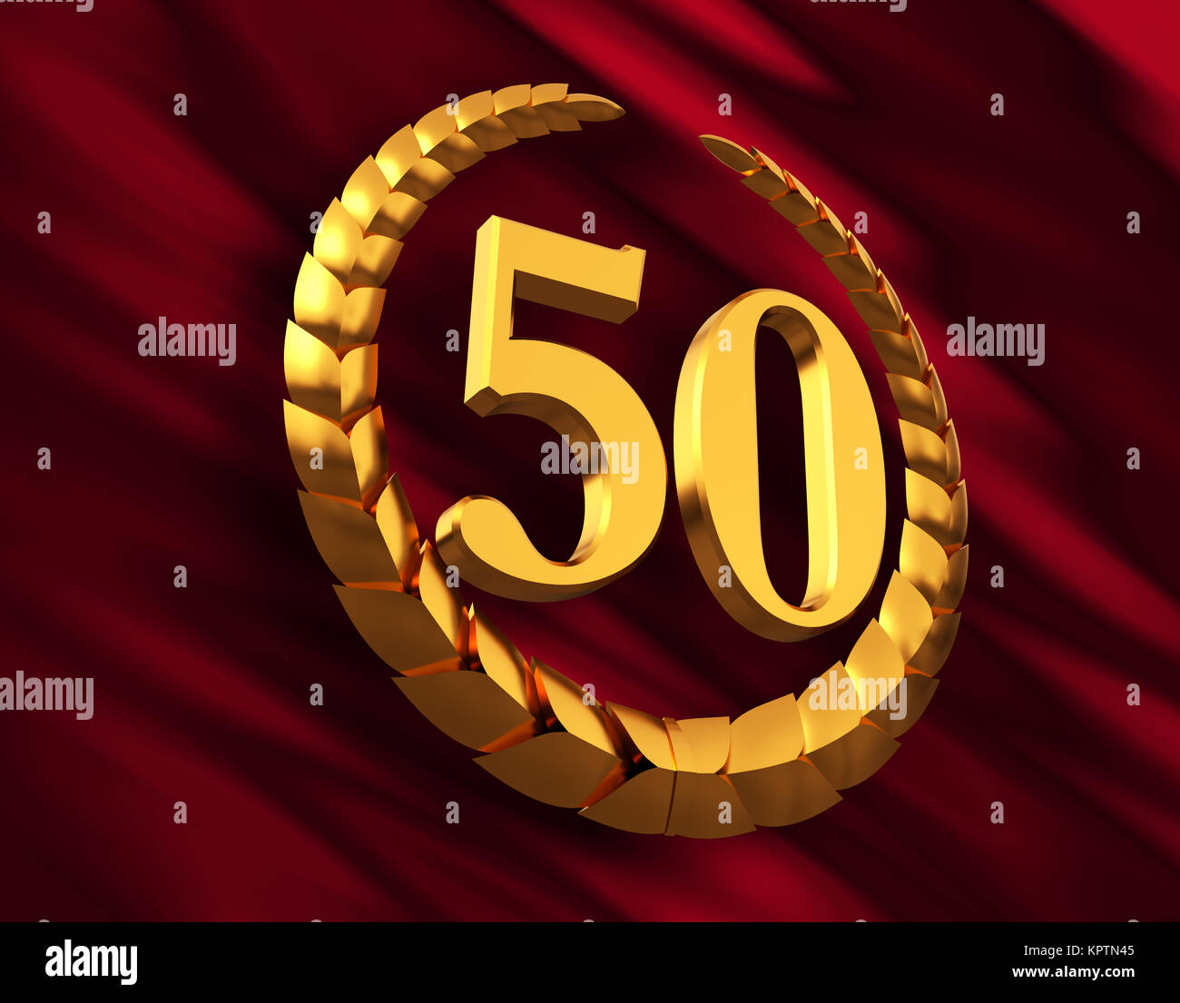 Couronne de Laurier et d'or anniversaire 50 chiffre sur Drapeau Rouge Banque D'Images