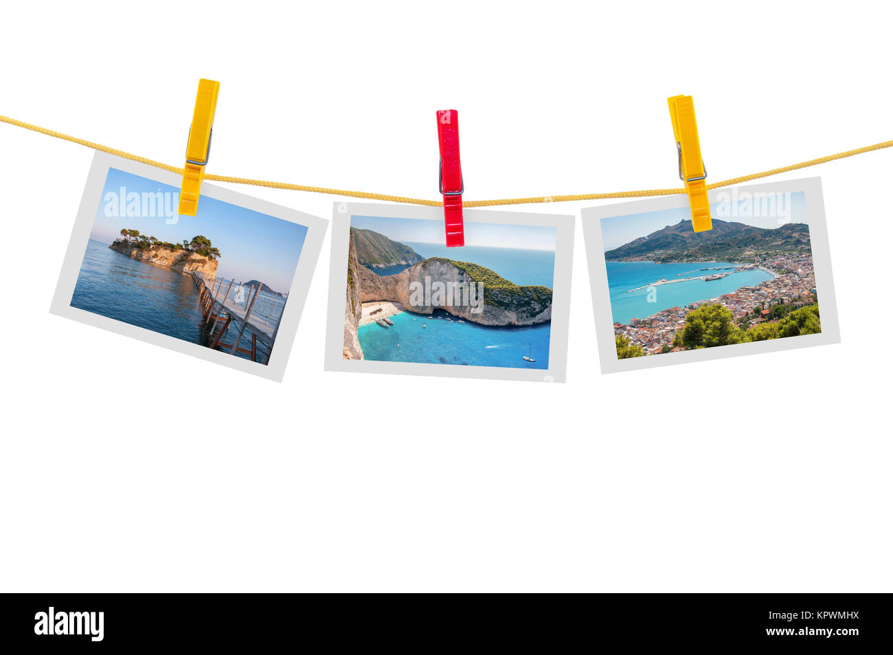 Trois photos de Zakynthos sur corde isolé sur fond blanc avec clipping path Banque D'Images