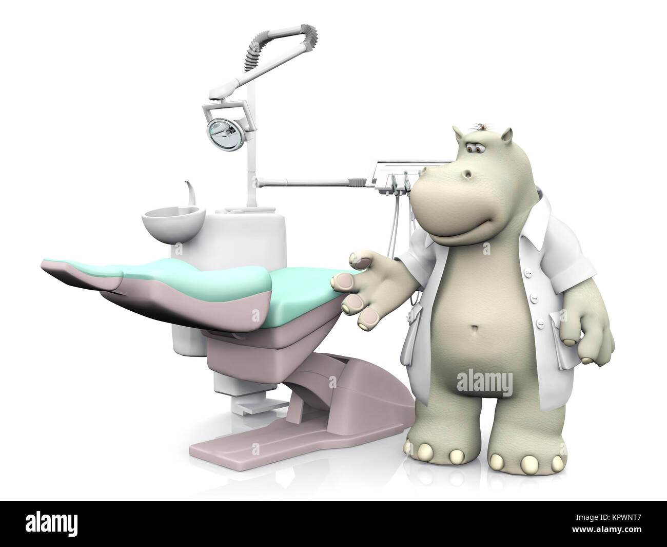 D'un rendu 3D cartoon smiling hippo dentiste montrant fauteuil dentaire. Banque D'Images