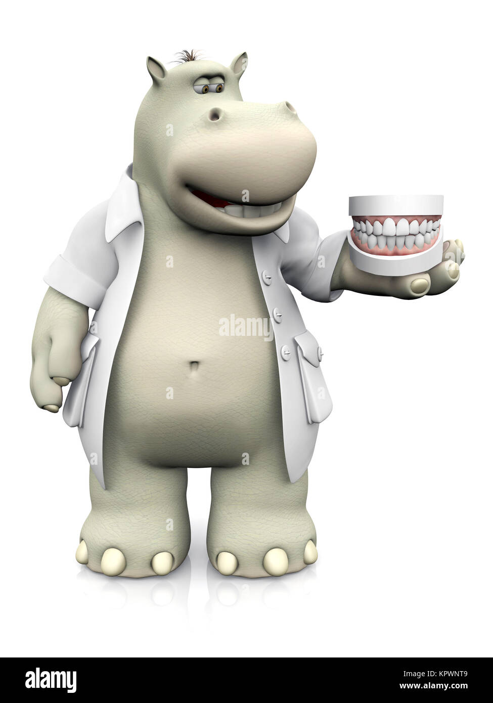 D'un rendu 3D cartoon smiling hippo dentiste holding fausses dents. Banque D'Images