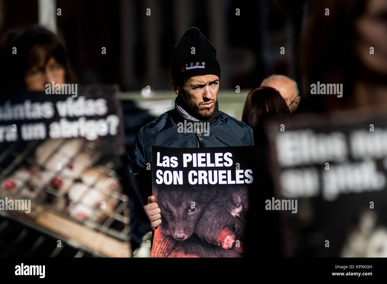 Madrid, Espagne. 25Th Dec 2017. Des militants pro-animal rights group 'Anima naturalis' pour protester contre l'utilisation de peaux d'animaux dans l'industrie de la fourrure au cours de la saison des achats de Noël, à Madrid, Espagne. Credit : Marcos del Mazo/Alamy Live News Banque D'Images