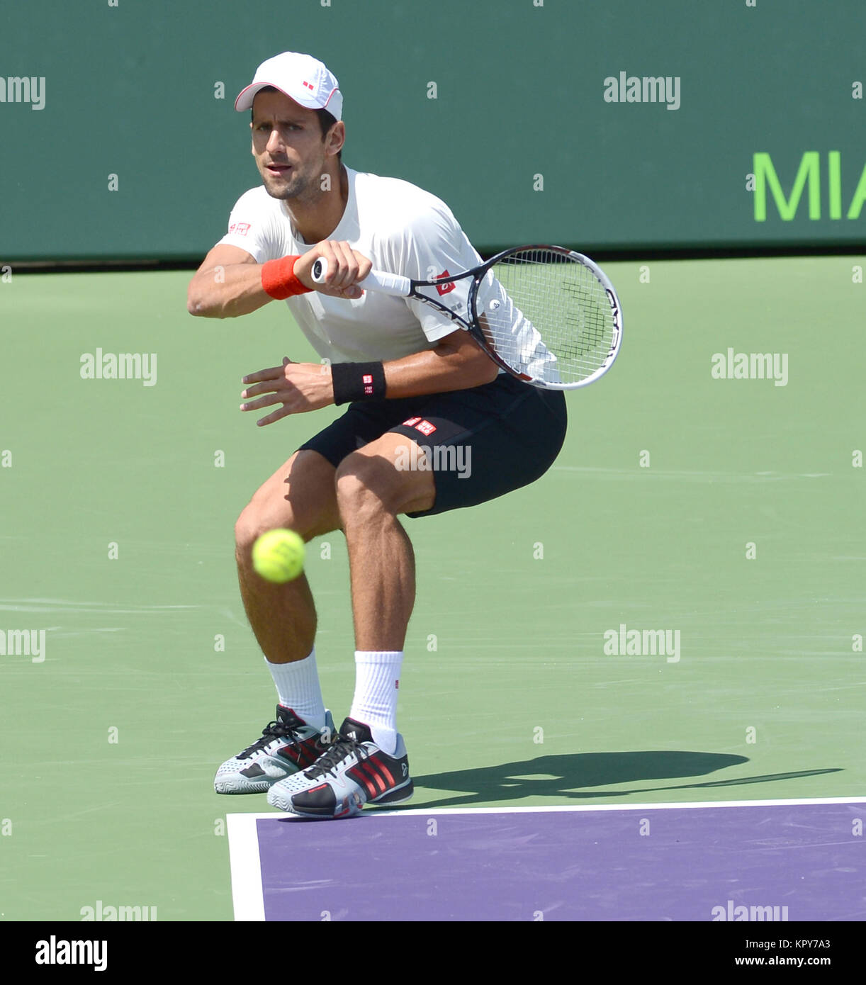 KEY BISCAYNE, Floride - le 18 mars : Novak Djokovic de Serbie pratiquer avant l'ouverture de Sony à Crandon Park Tennis Center le 18 mars 2014 à Key Biscayne, en Floride. People : Novak Djokovic Banque D'Images