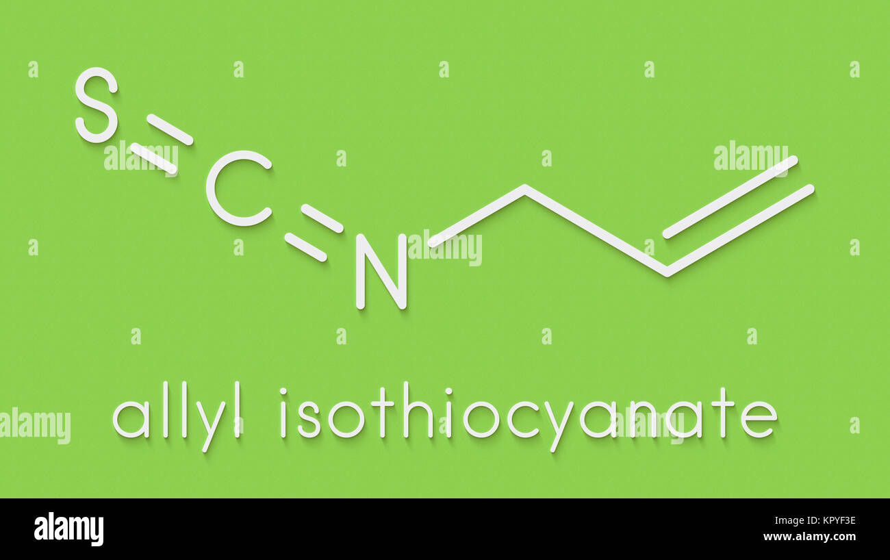 L'allyle isothiocyanate mustard l'âcreté molécule. Responsable de goût piquant de la moutarde, le wasabi et le radis. Formule topologique. Banque D'Images
