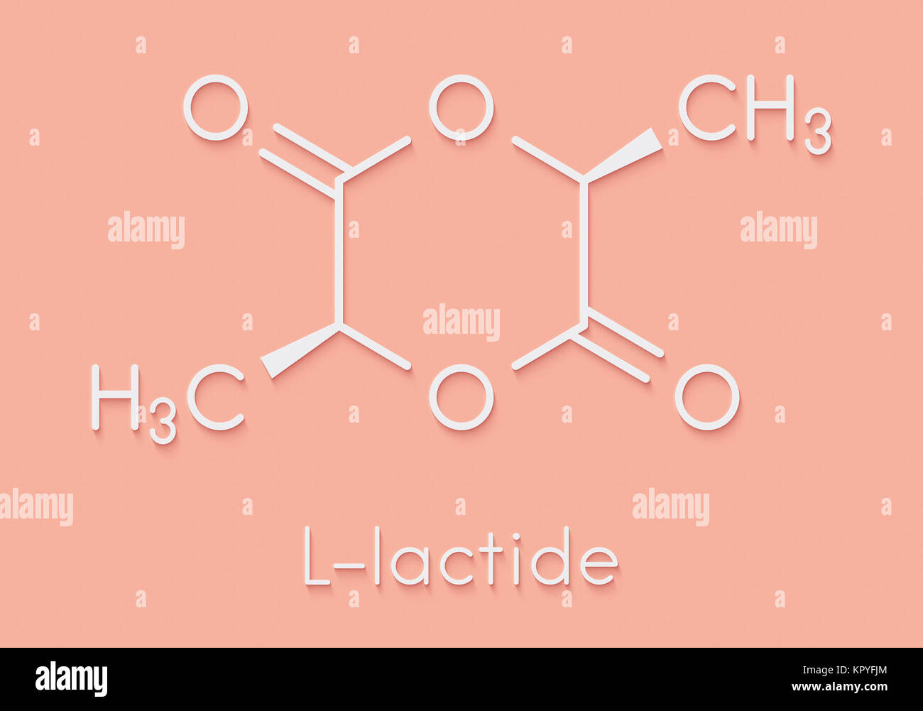 L-lactide PLA molécule précurseur. Utilisé dans la synthèse de l'acide polylactique polymère (polylactide, polylactate) plastique. Formule topologique. Banque D'Images