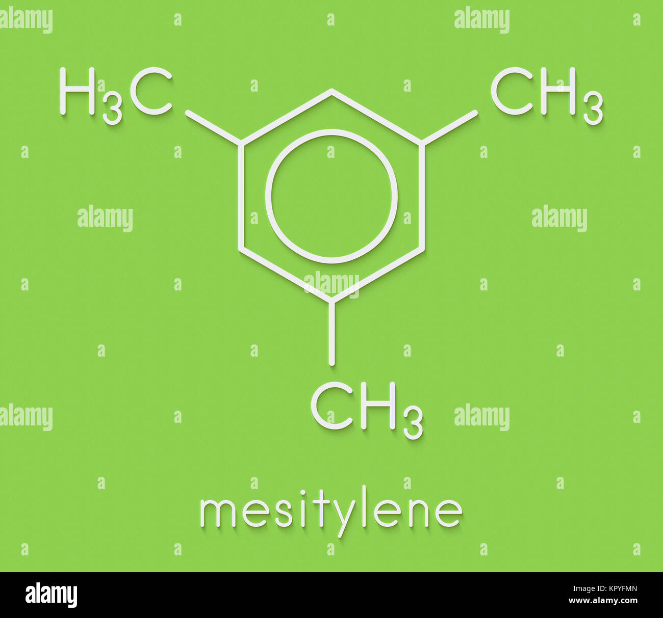 Molécule d'hydrocarbure aromatique mésitylène. Solvant important dans l'industrie chimique et les composés organiques volatils (COV) des rejets dans l'environnement. Ske Banque D'Images