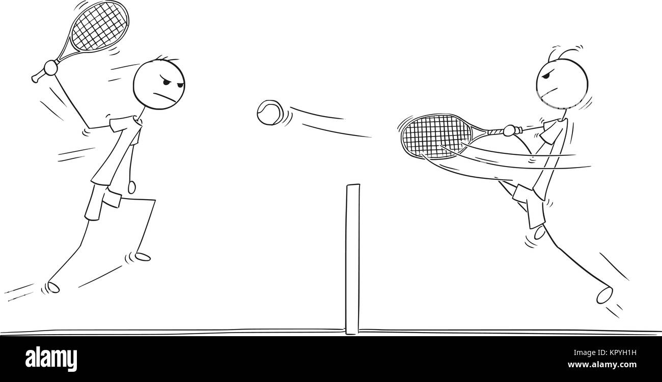 Cartoon stick man dessin illustration de deux joueurs de tennis jouer agressivement. Illustration de Vecteur