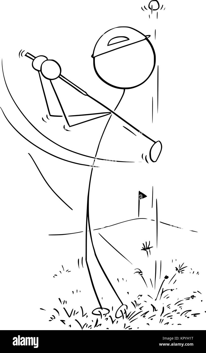 Cartoon stick man dessin illustration d'un homme joueur de golf masculin jouant dur balle avec club. Illustration de Vecteur