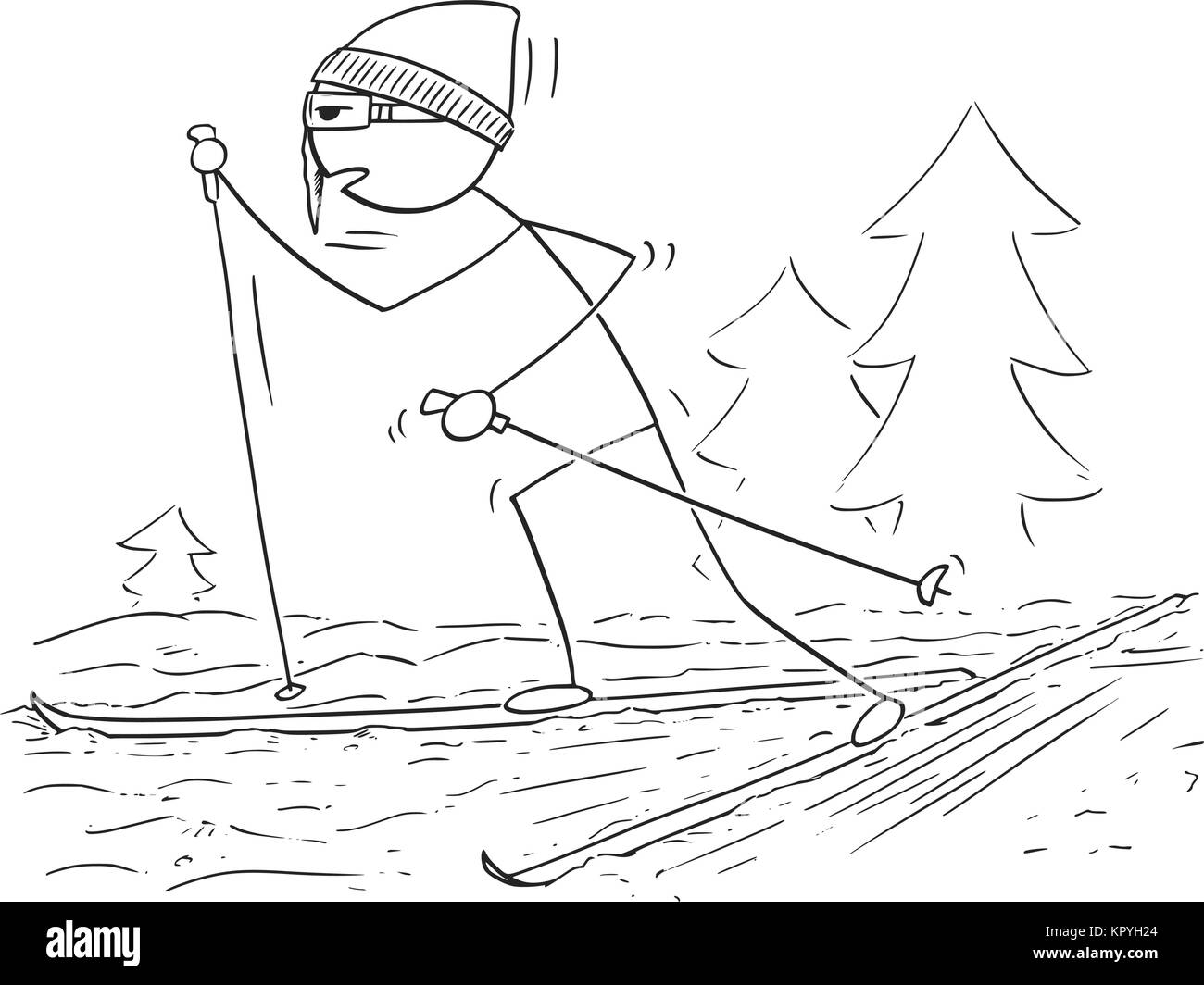 Cartoon stick man dessin illustration d'hommes ski de fond en hiver froid. Illustration de Vecteur
