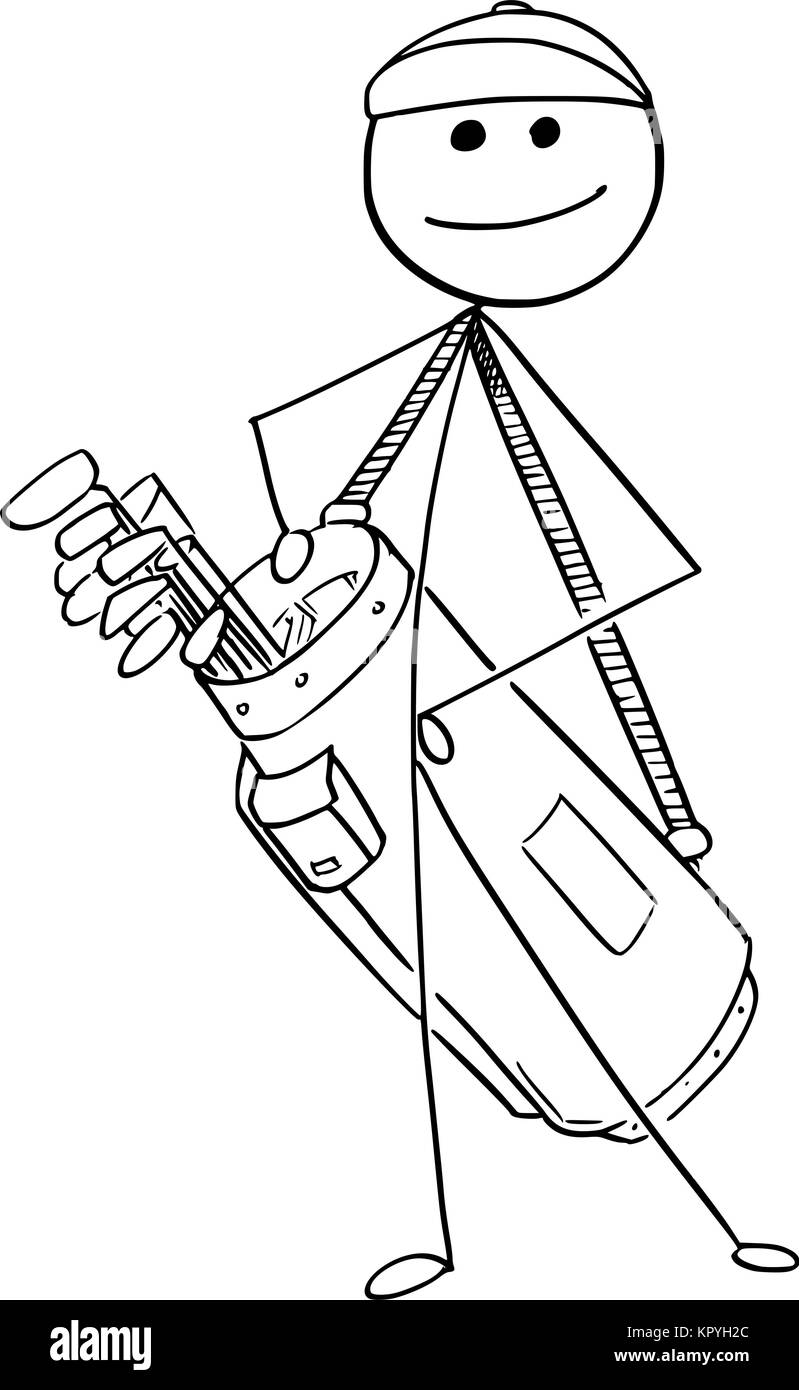 Cartoon stick man dessin illustration de l'homme joueur de golf sac de transport des clubs. Illustration de Vecteur
