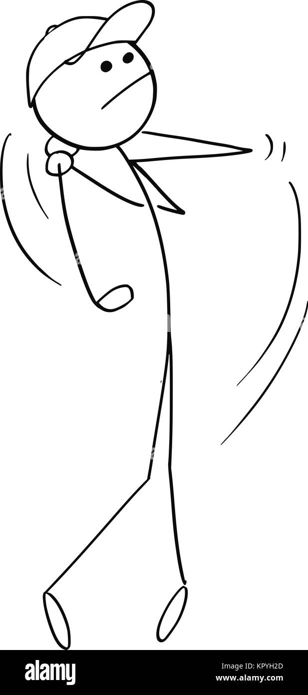 Cartoon stick man dessin illustration d'un homme joueur de golf masculin jouant dur balle avec club. Illustration de Vecteur