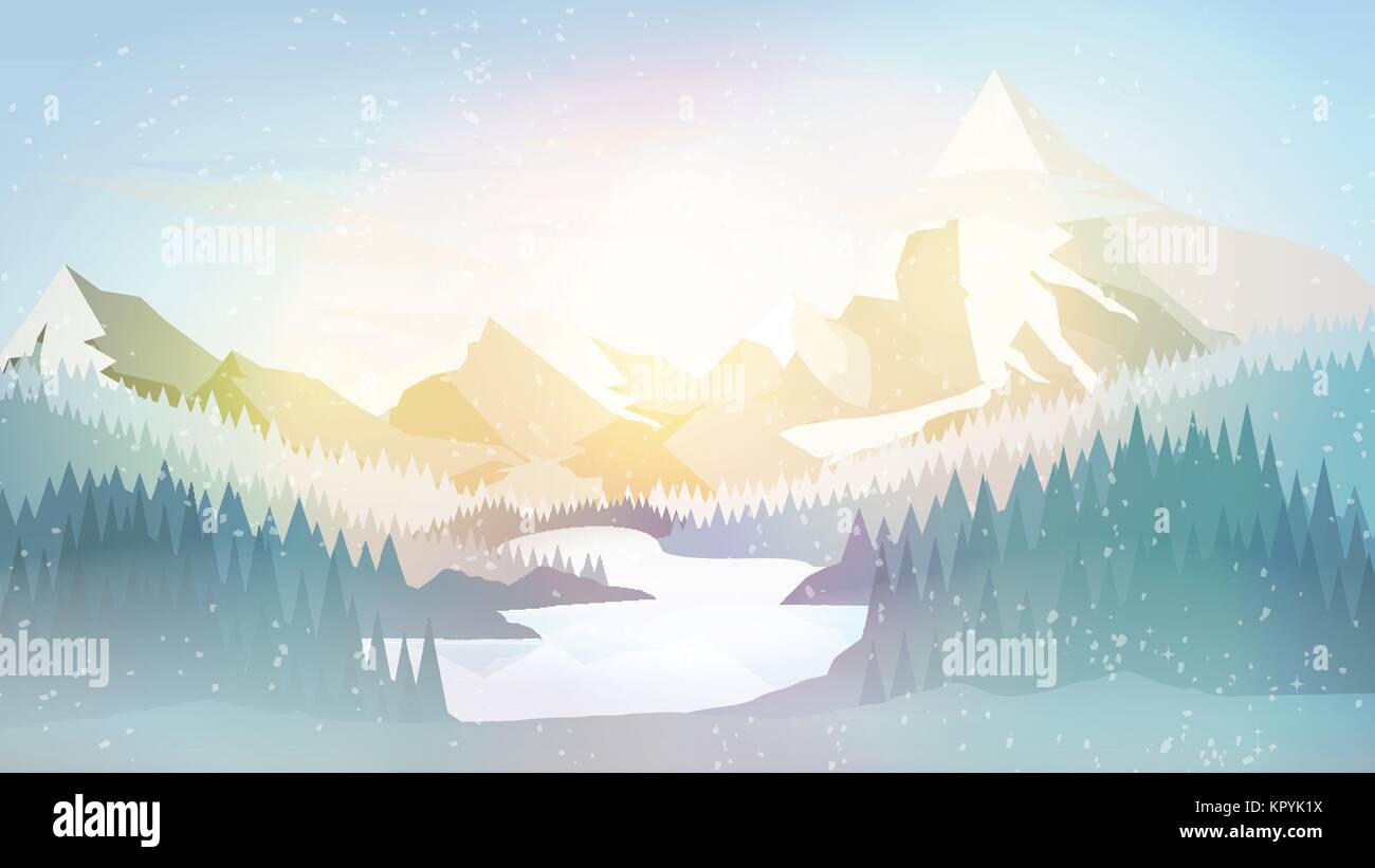 Forêt de pins avec hiver Lac de montagne- Vector Illustration Illustration de Vecteur