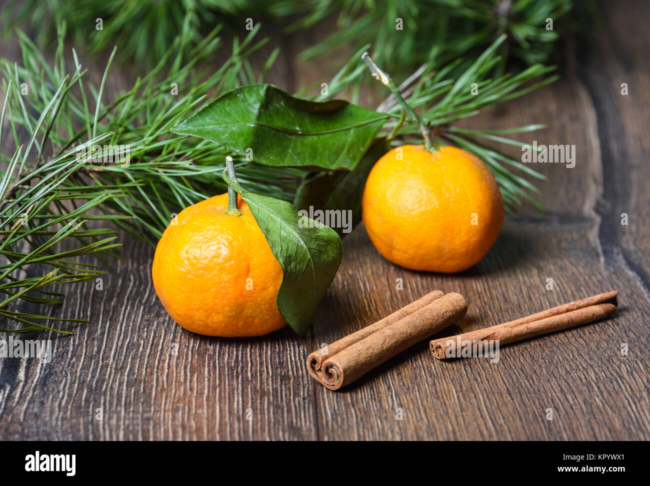 Les tangerines et les bâtons de cannelle Banque D'Images