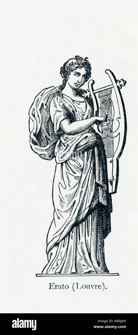 Cette illustration montre les dates de 1898 et une statue d'Erato au Musée du Louvre. Erato a été honoré à titre de la Muse de l'amour de la poésie. Dans la mythologie grecque et romaine, les Muses furent de neuf filles de Zeus et de Mnémosyne (déesse de la mémoire). Il y a eu l'honneur que les mécènes des arts et des sciences. Calliope était la muse de la tête, et d'Apollon, le dieu de la prophétie et de la chanson, était leur chef. Banque D'Images