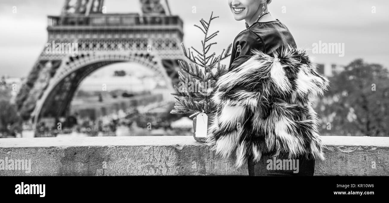 La saison des festivals à Paris. Gros plan sur la mode la mode sourire-monger avec arbre de Noël en manteau de fourrure à Paris, France Banque D'Images