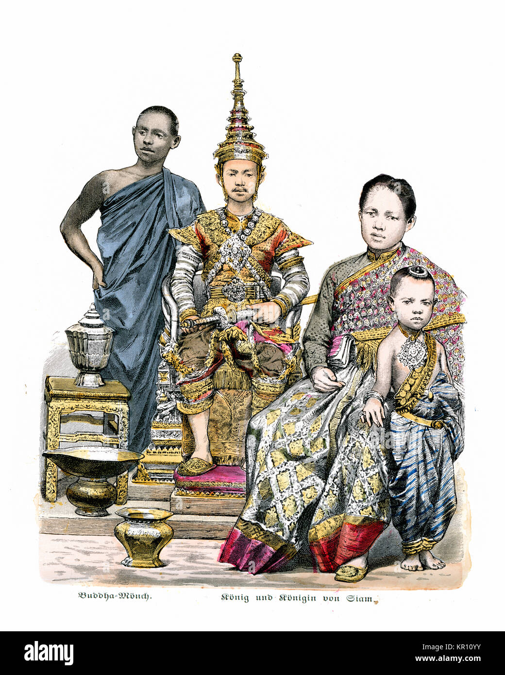 Moine Buddist et le roi et la reine de Siam. 1886 Banque D'Images