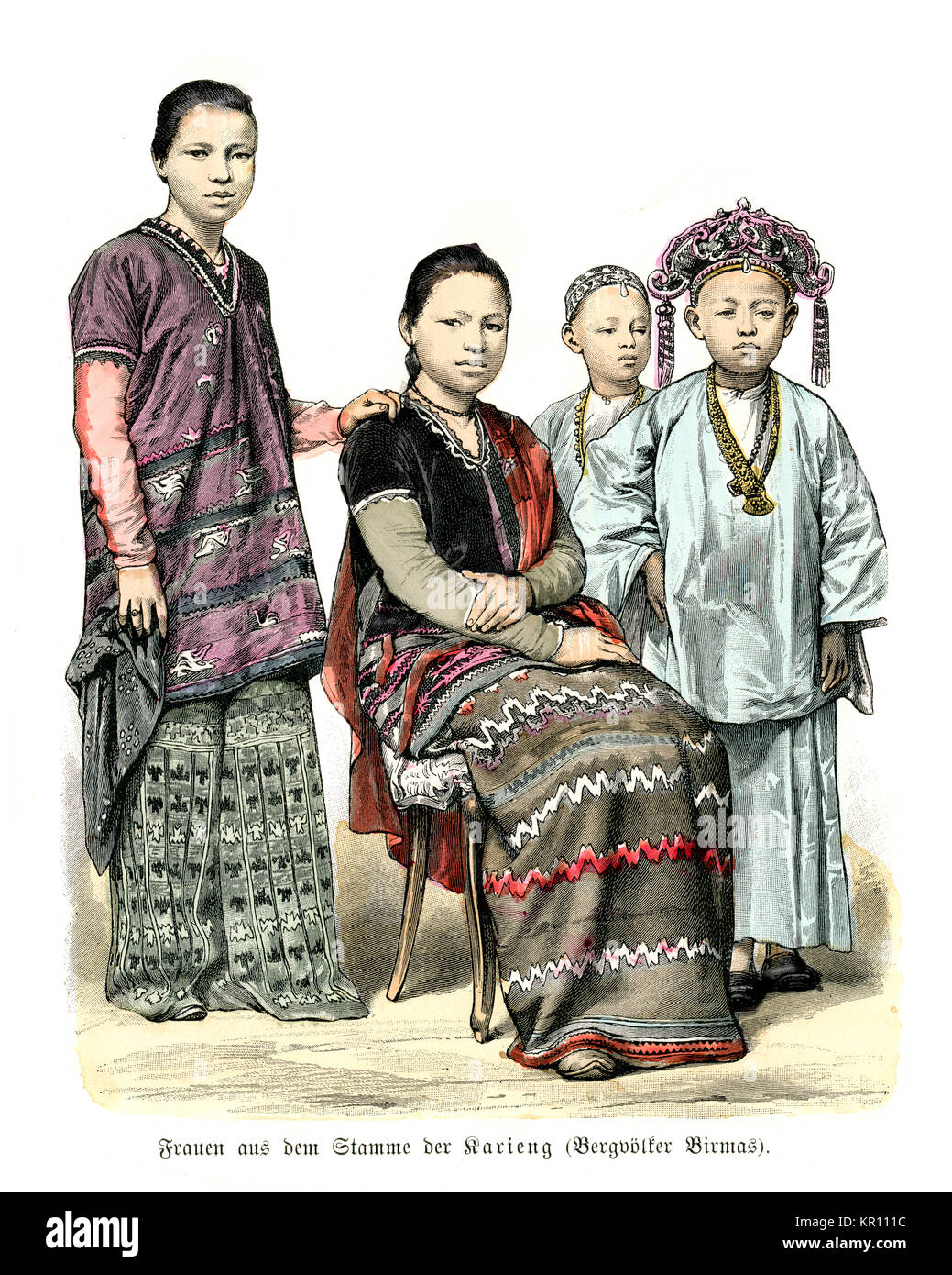 Femmes et enfants birmans en vêtements traditionnels, 19e siècle, 1886 Banque D'Images