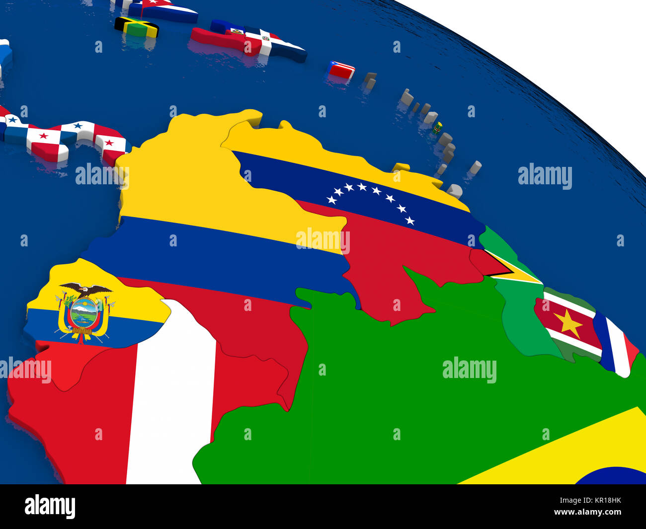 La Colombie et le Venezuela sur une carte 3D avec des drapeaux Banque D'Images