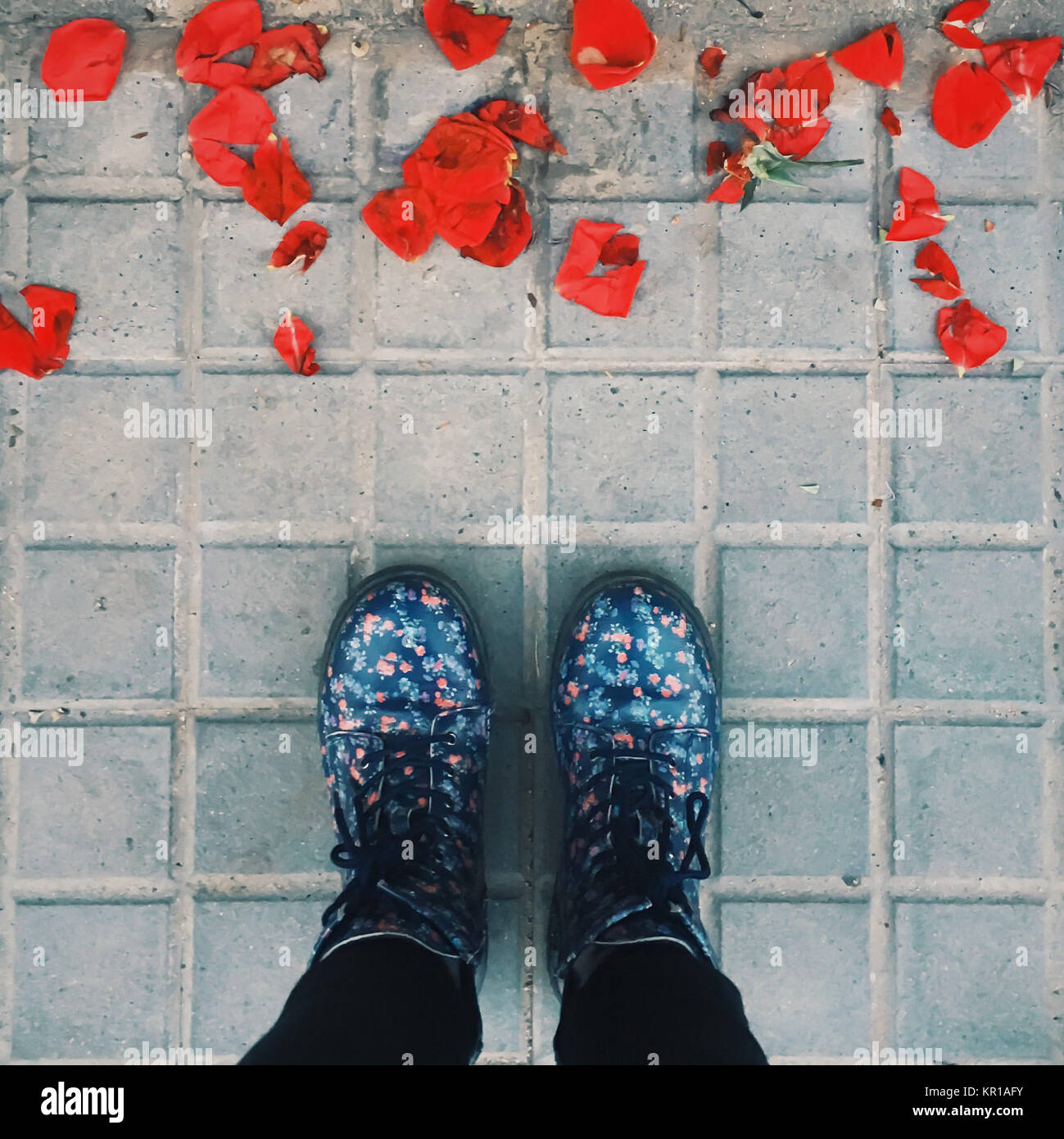 Femme bottes de fleurs dans l'article par des pétales de rose Banque D'Images Femme bottes de fleurs dans l'article par des pétales de rose Banque D'Images