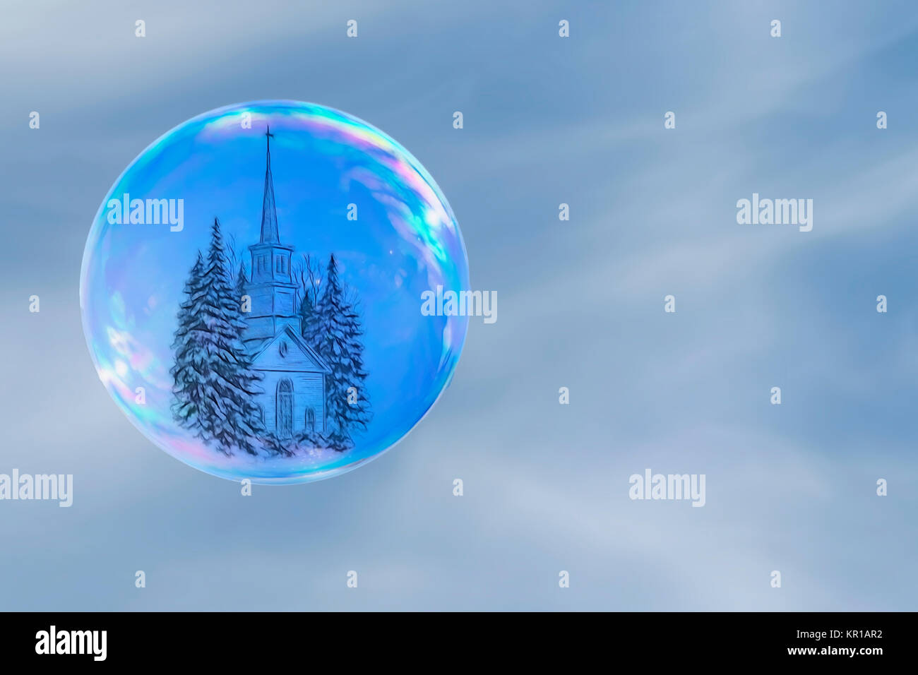 Bulle de savon avec des arbres et une église mi air flottante Banque D'Images