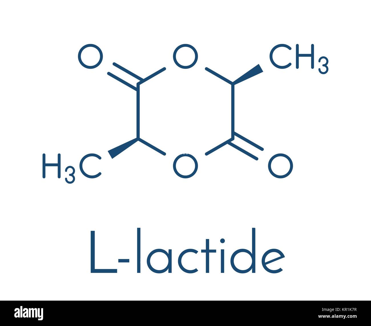 L-lactide PLA molécule précurseur. Utilisé dans la synthèse de l'acide polylactique polymère (polylactide, polylactate) plastique. Formule topologique. Illustration de Vecteur