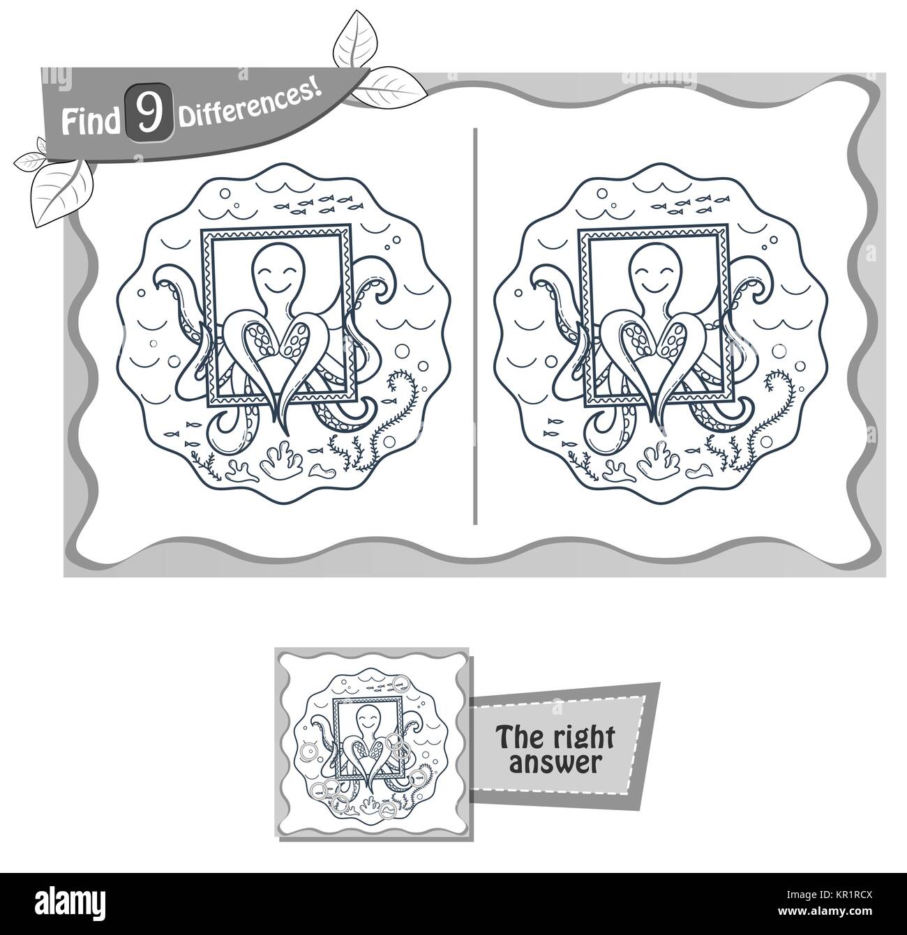 Jeu visuel pour les enfants et les adultes. Tâche de trouver 9 différences dans l'illustration du poulpe. vector illustration noir et blanc Illustration de Vecteur