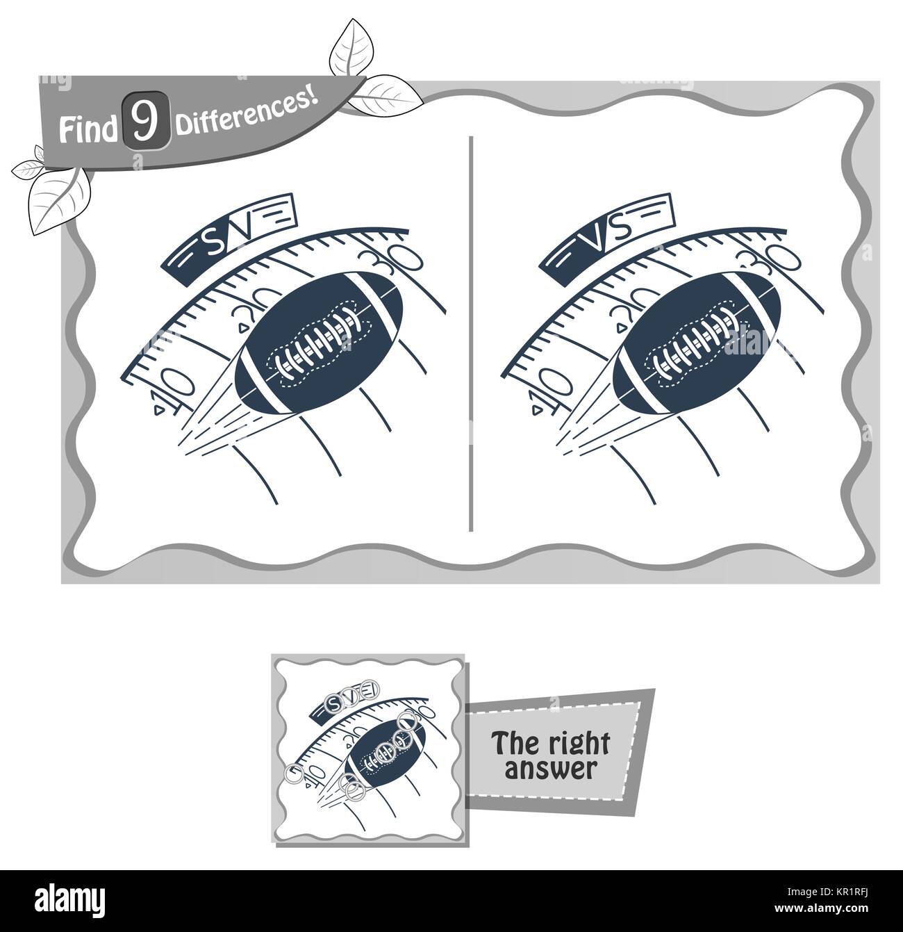 Jeu visuel pour les enfants et les adultes. Tâche de trouver 9 différences dans l'illustration rugby. vector illustration noir et blanc Illustration de Vecteur
