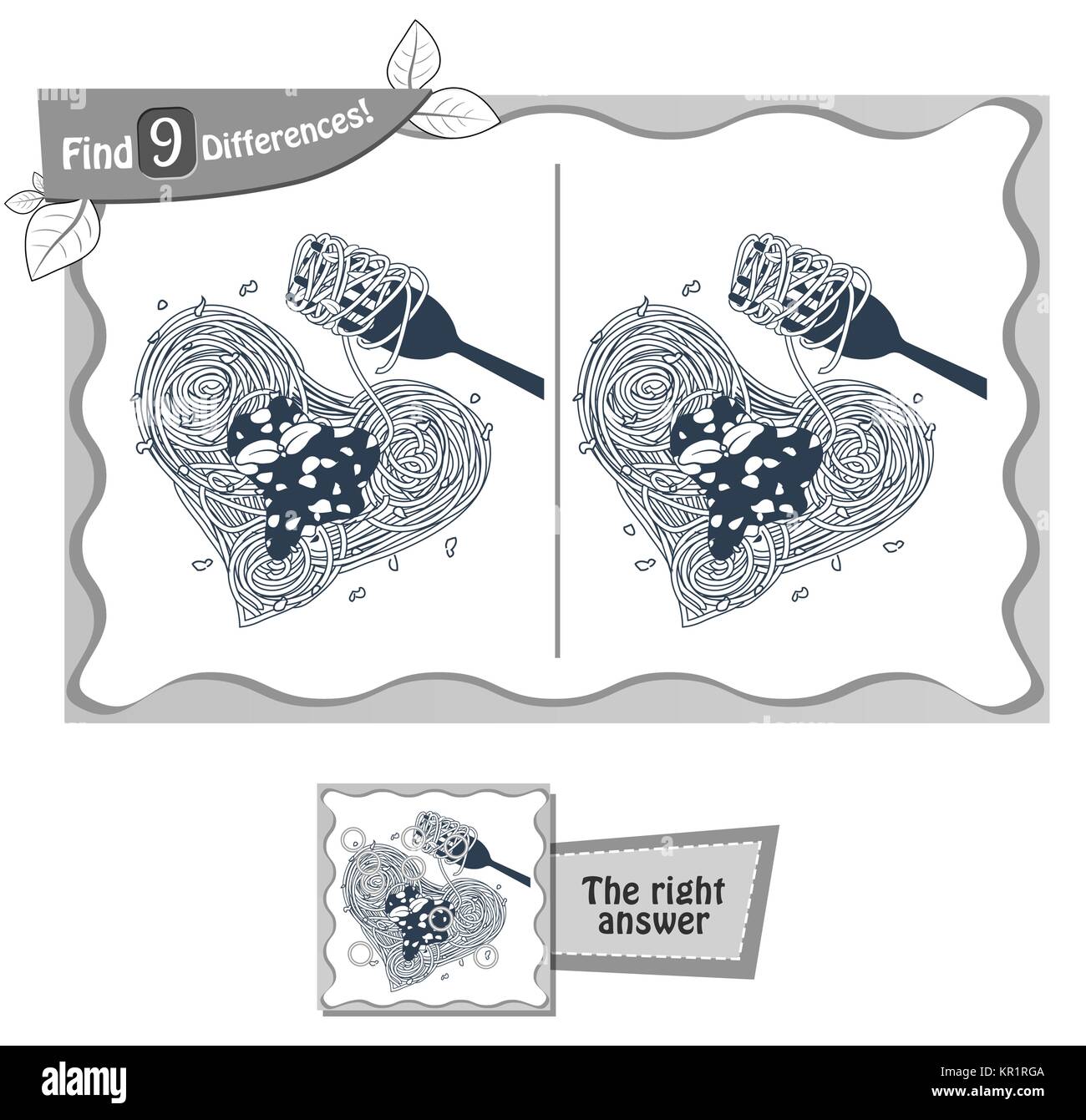 Jeu visuel pour les enfants et les adultes. Tâche de trouver 9 différences dans l'illustration des spaghetti. vector illustration noir et blanc Illustration de Vecteur