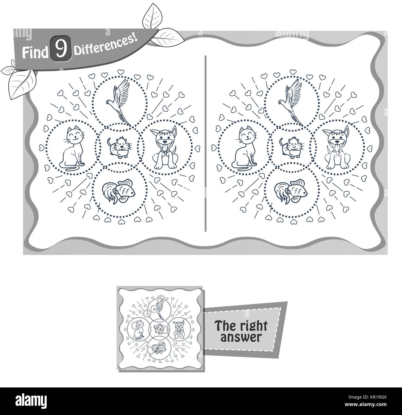 Jeu visuel pour les enfants et les adultes. Tâche de trouver 9 différences dans l'illustration des animaux domestiques. vector illustration noir et blanc Illustration de Vecteur