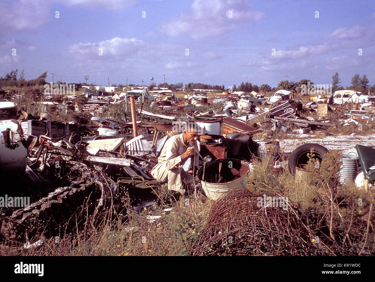 Cette photographie a été prise durant le programme d'éradication de l'Aedes aegypti 1965 à Miami, Floride, 1965, 1965. Dans les années 1960, un effort important a été fait pour éliminer le moustique vecteur urbain principal de la dengue et de la fièvre jaune, virus, A. aegypti, du sud-est des États-Unis. Ce champ technicien recherche des larves dans l'eau, les conteneurs. Image courtoisie CDC. Banque D'Images Cette photographie a été prise durant le programme d'éradication de l'Aedes aegypti 1965 à Miami, Floride, 1965, 1965. Dans les années 1960, un effort important a été fait pour éliminer le moustique vecteur urbain principal de la dengue et de la fièvre jaune, virus, A. aegypti, du sud-est des États-Unis. Ce champ technicien recherche des larves dans l'eau, les conteneurs. Image courtoisie CDC. Banque D'Images