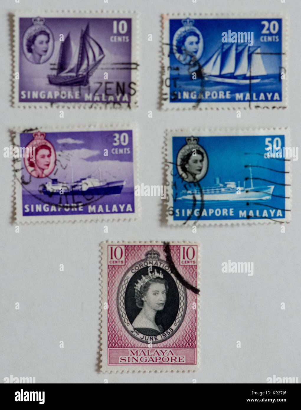 Timbres d'ancienne colonie britannique de Singapour et Malaisie Banque D'Images